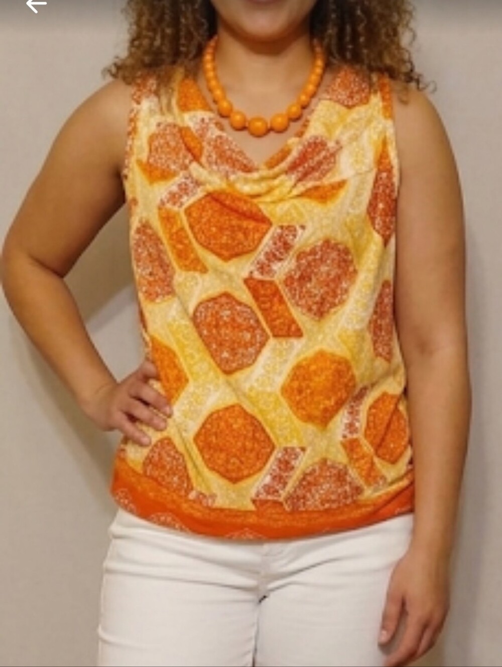 Uniti Orange Geometric Pattern Drape Front Skeeveless Top